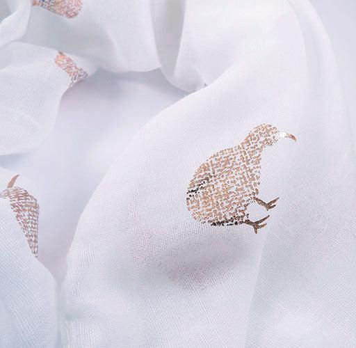 White NZ Scarf with Sparkly Rose Gold Kiwi - ShopNZ