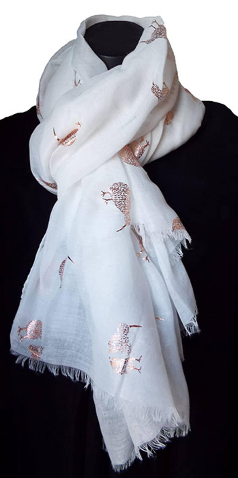 White NZ Scarf with Sparkly Rose Gold Kiwi - ShopNZ